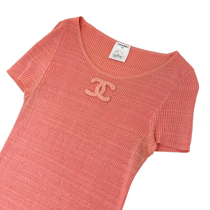 CHANEL Vintage 09P CC Logo Rib Knit T-shirt Top #40 Orange Cotton 902267