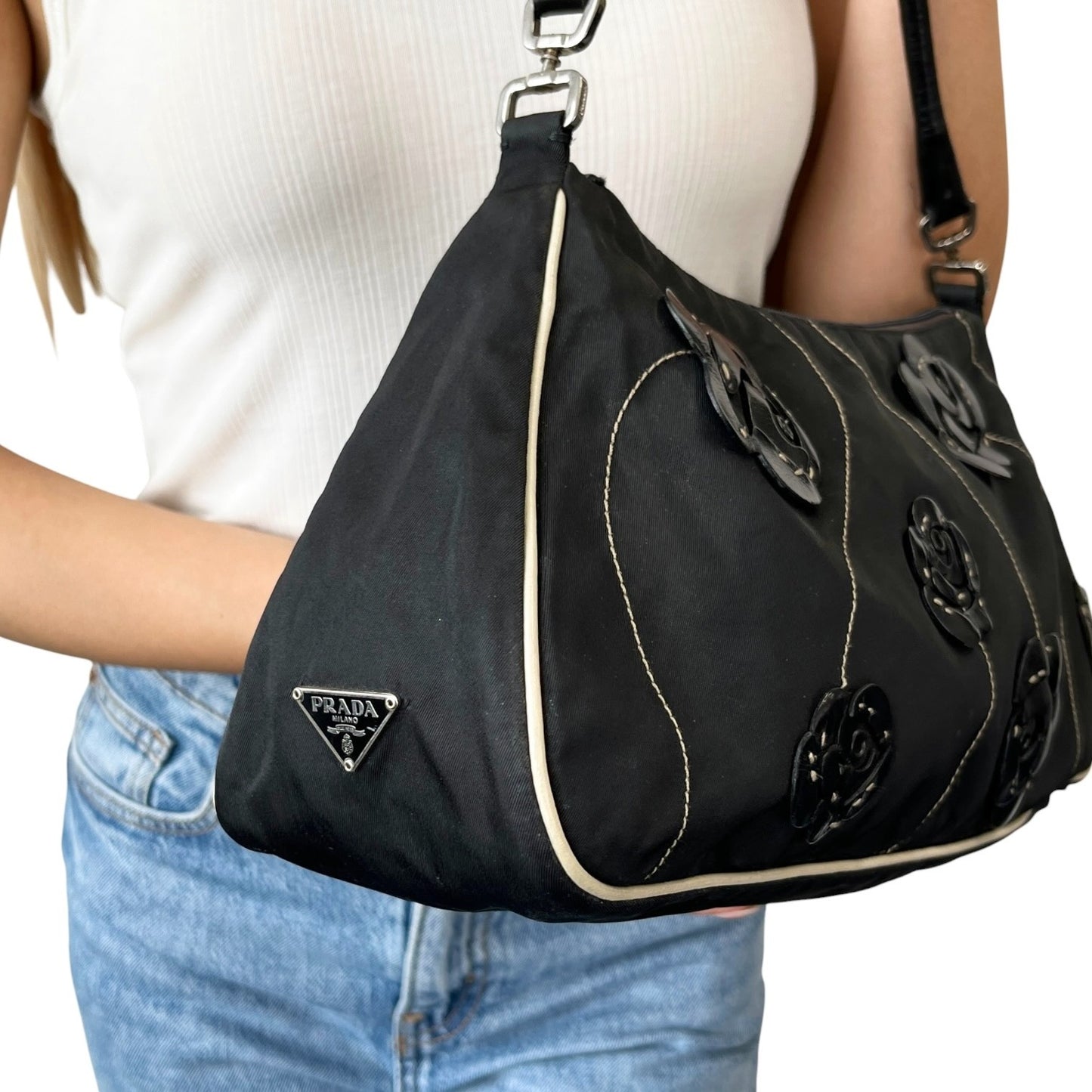 PRADA Vintage Triangle Logo Rose Flower Shoulder Bag Black Nylon Zip 902681
