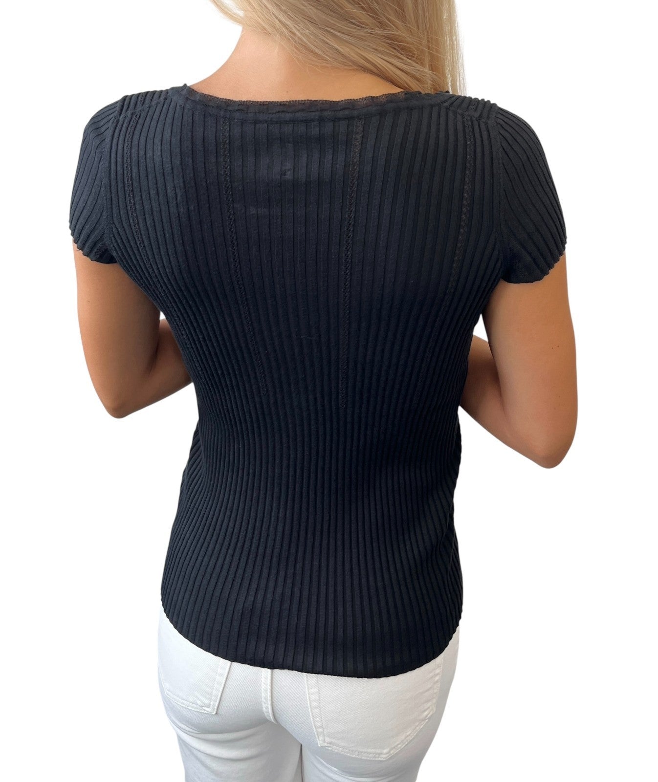 CHANEL Vintage 08P CC Logo Rib Knit Top #34 Black Cotton Silver Short Sleeve