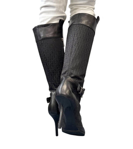 Dior Vintage Trotter Monogram Long Boots Heels #38.5 Black Silver Canvas