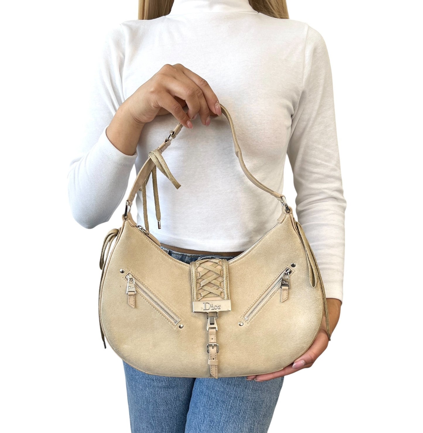 Christian Dior Vintage 2002 Admit It Suede Shoulder Bag Lace Up Beige Silver