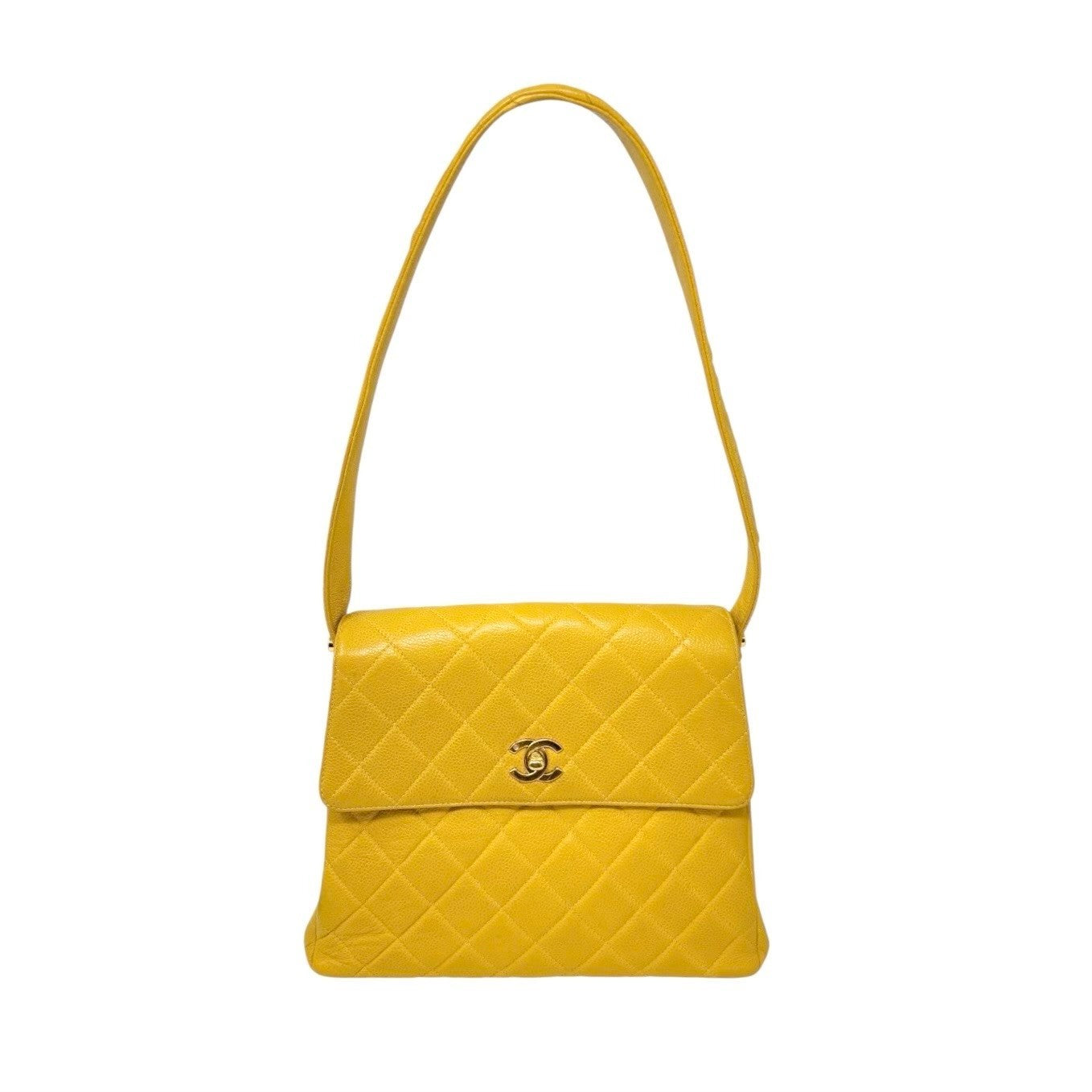 CHANEL Vintage CC Logo Turnlock Quilted Flap Shoulder Bag Yellow Gold Leather