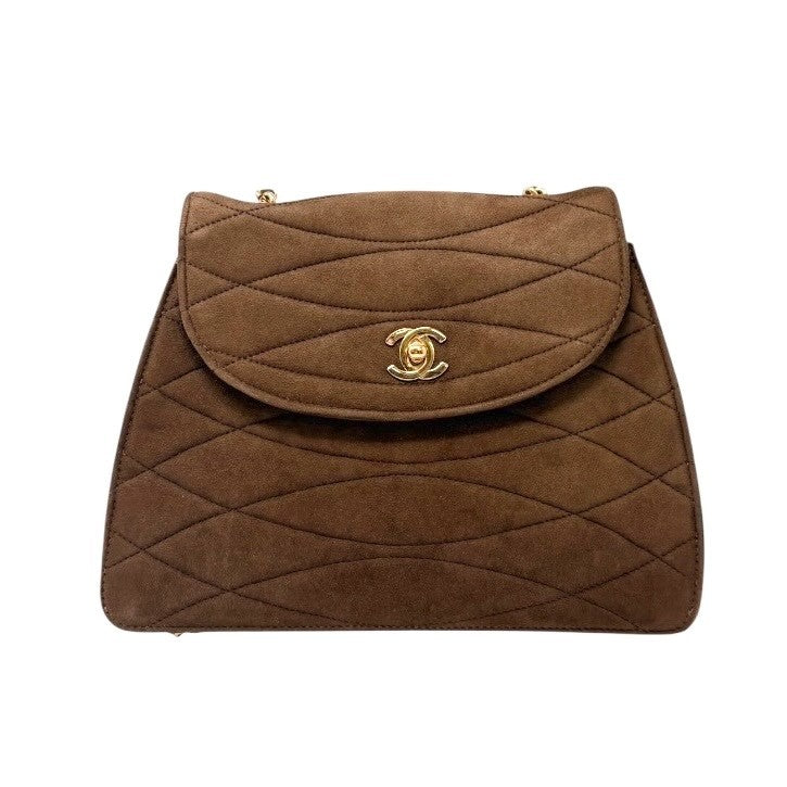 CHANEL Vintage CC Mark Logo Turnlock Chain Crossbody Bag Brown Gold Suede