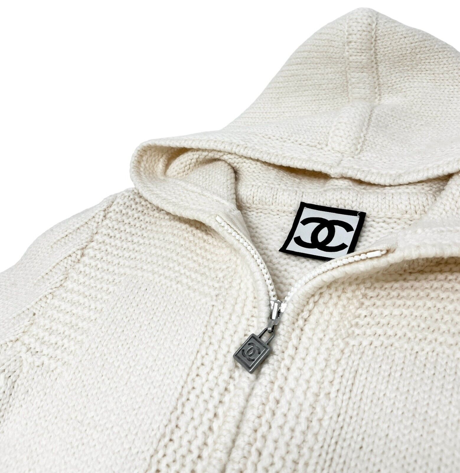 CHANEL Sport Vintage 08A CC Knit Jacket #38 Hoodie Zip Cream Wool Rank AB