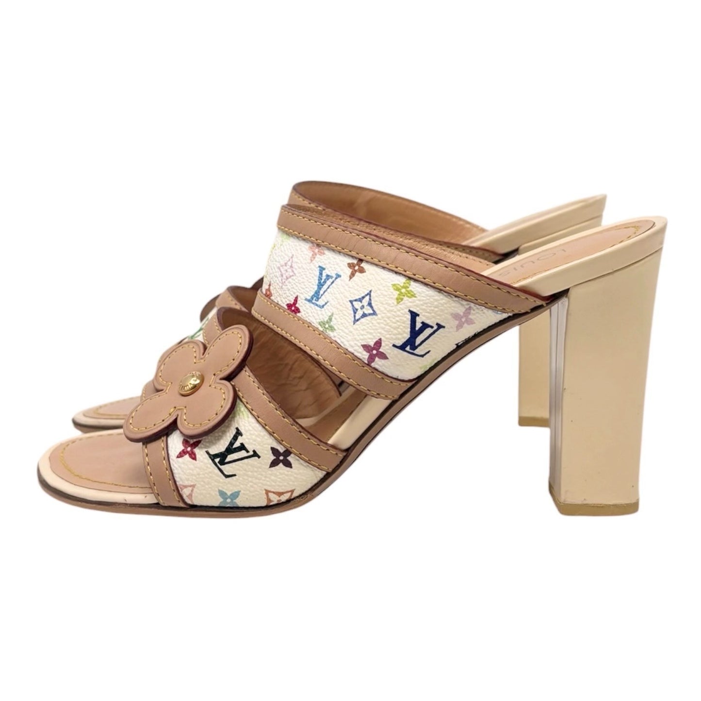 LOUIS VUITTON Vintage Monogram Multicolor Flower Sandals Heels #37 White 902261