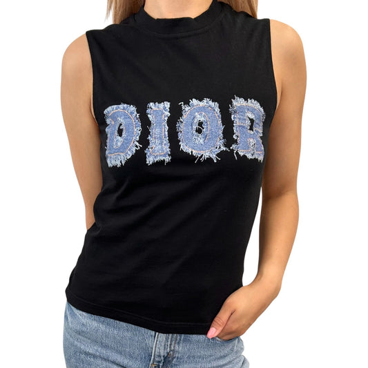 Christian Dior Vintage Logo 2003 Denim Print Tank Top #42 Black Blue Sleeveless