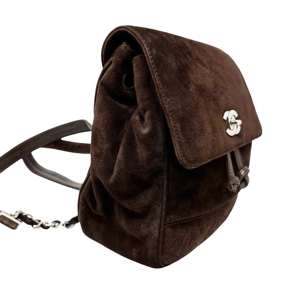 CHANEL Vintage CC Mark Logo Turn Lock Backpack Stitch Brown Silver Suede