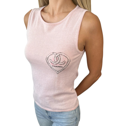 CHANEL Vintage 09C CC Heart Motif Cashmere Knit Tank Top #36 Pink 901824