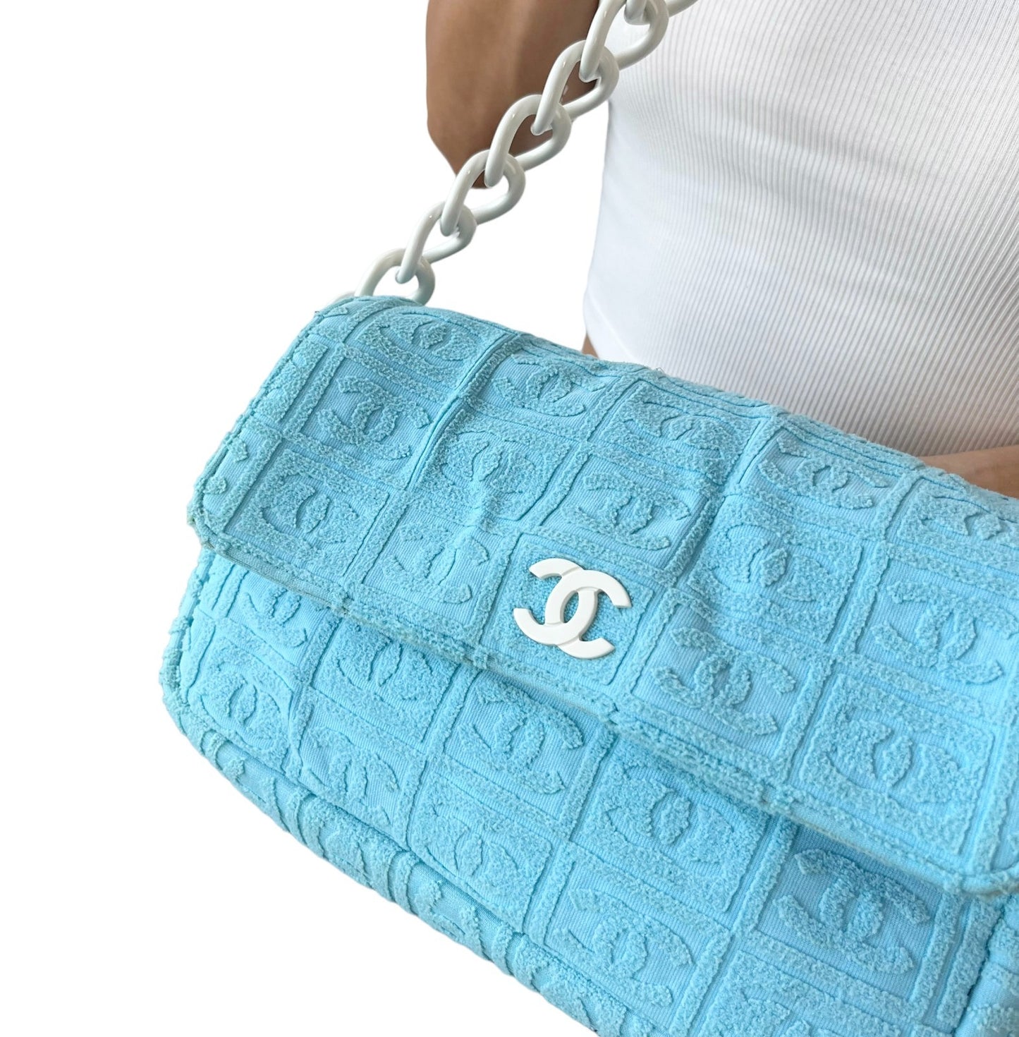 CHANEL Vintage CC Logo Terry Cloth Chain Shoulder Bag Blue White 901828