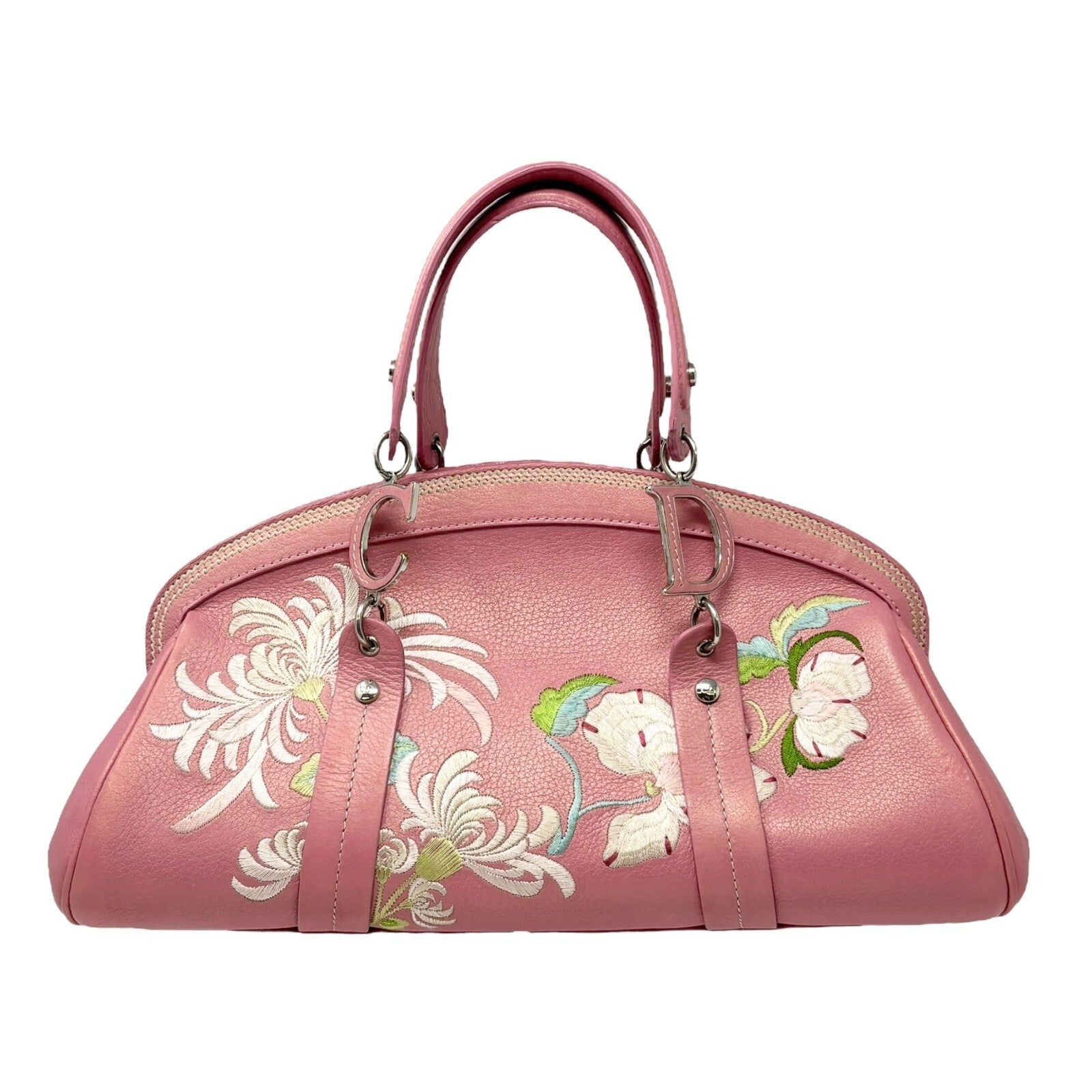 Christian Dior Vintage 2005 Logo Embroidered Mini Boston Bag Pink Silver Leather