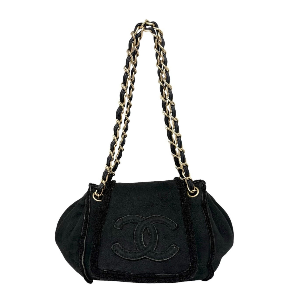 CHANEL Vintage CC Logo Mouton Chain Shoulder Bag Black Gold Suede 902831