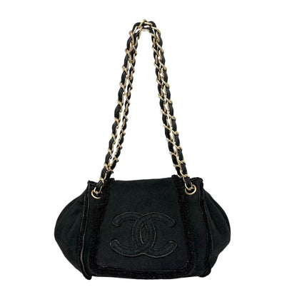 CHANEL Vintage CC Logo Mouton Chain Shoulder Bag Black Gold Suede 902831