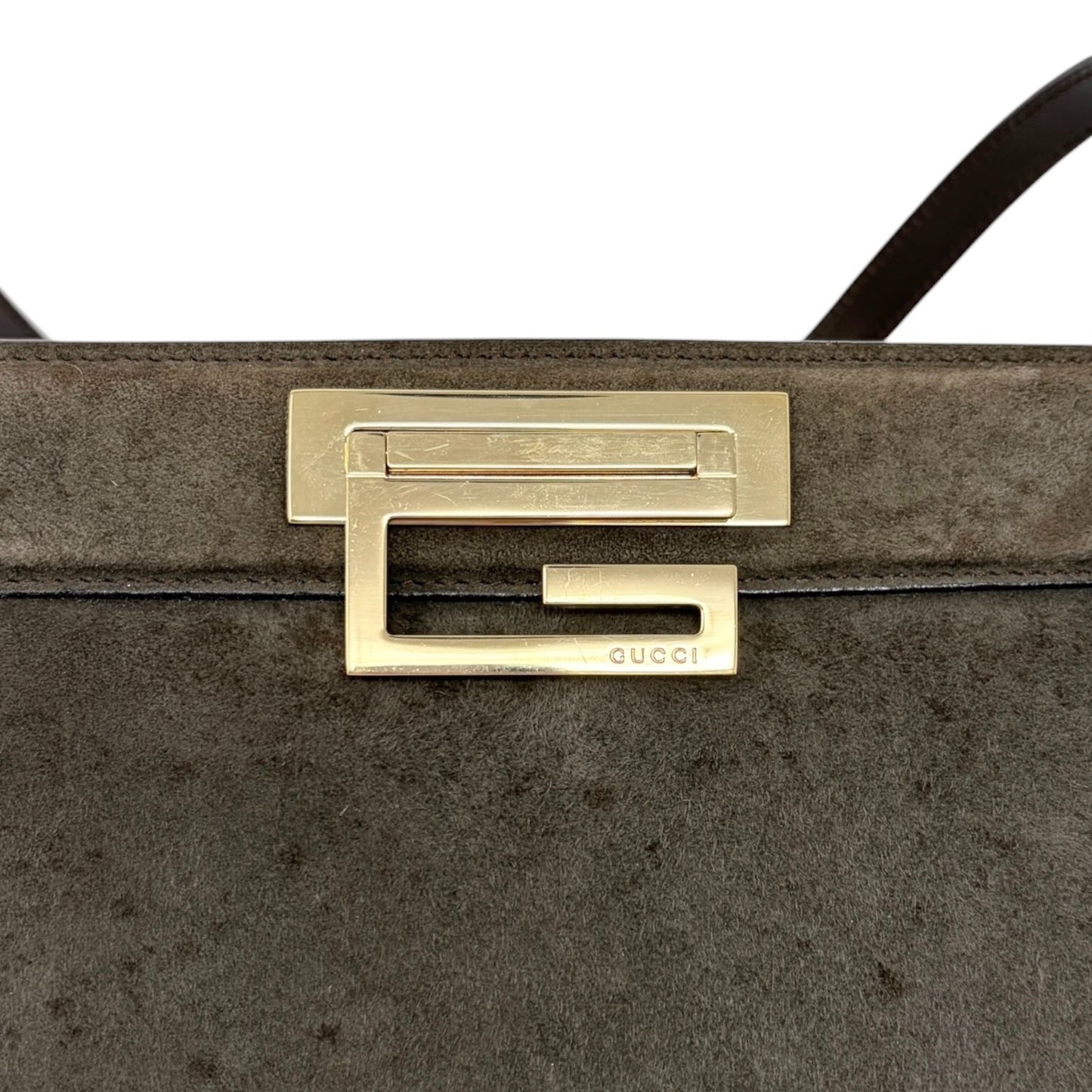 GUCCI Vintage G Square Logo Shoulder Bag Brown Gold Suede Leather 902021