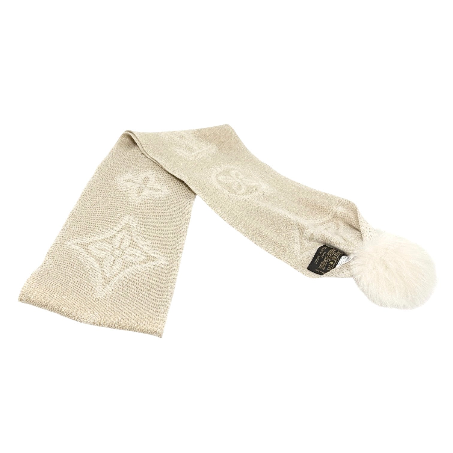 LOUIS VUITTON Vintage Monogram Shine Fox Fur Knit Scarf Shawl Cream Cashmere