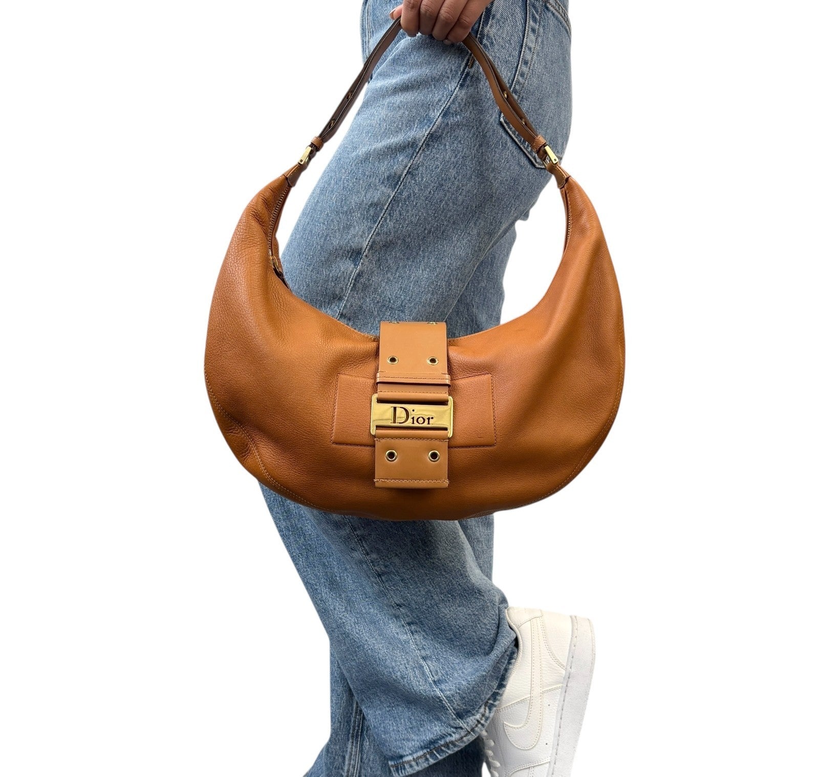 Christian Dior Vintage 2003 Street Chic Shoulder Hobo Bag Brown Gold Leather