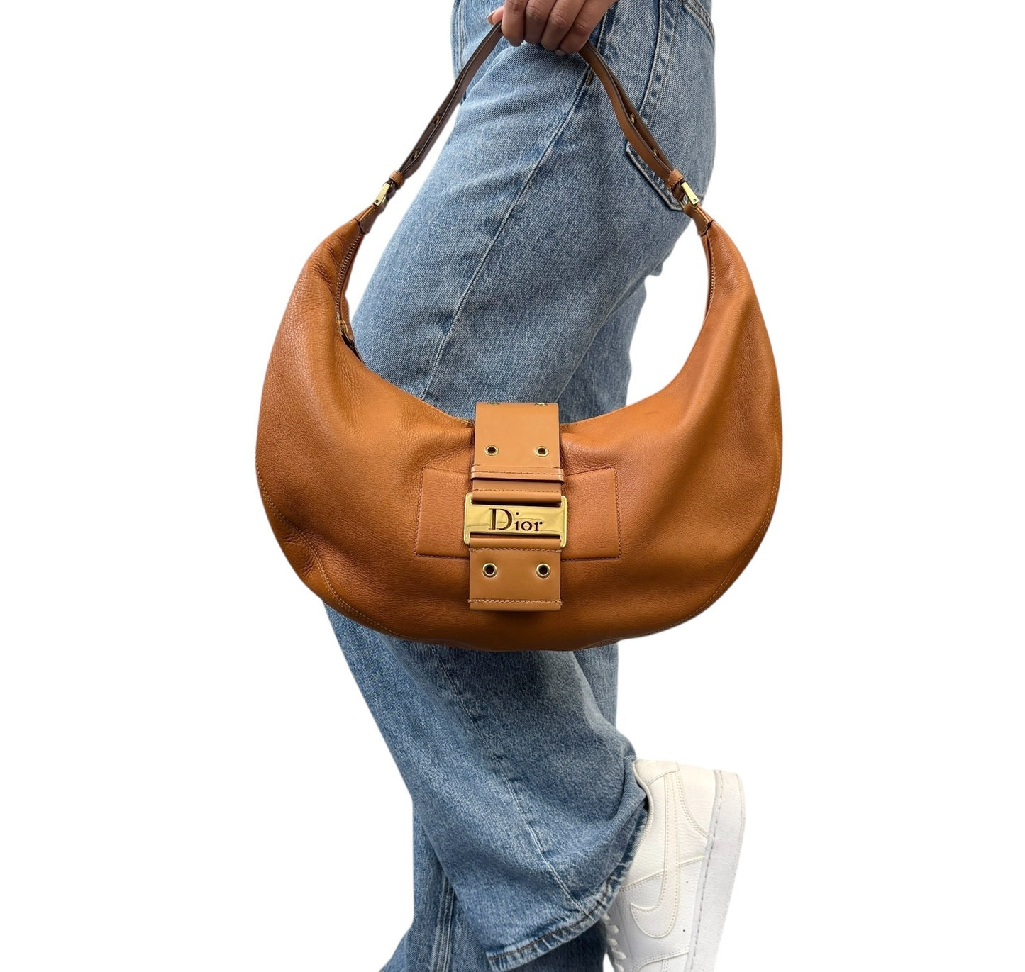 Christian Dior Vintage 2003 Street Chic Shoulder Hobo Bag Brown Gold Leather