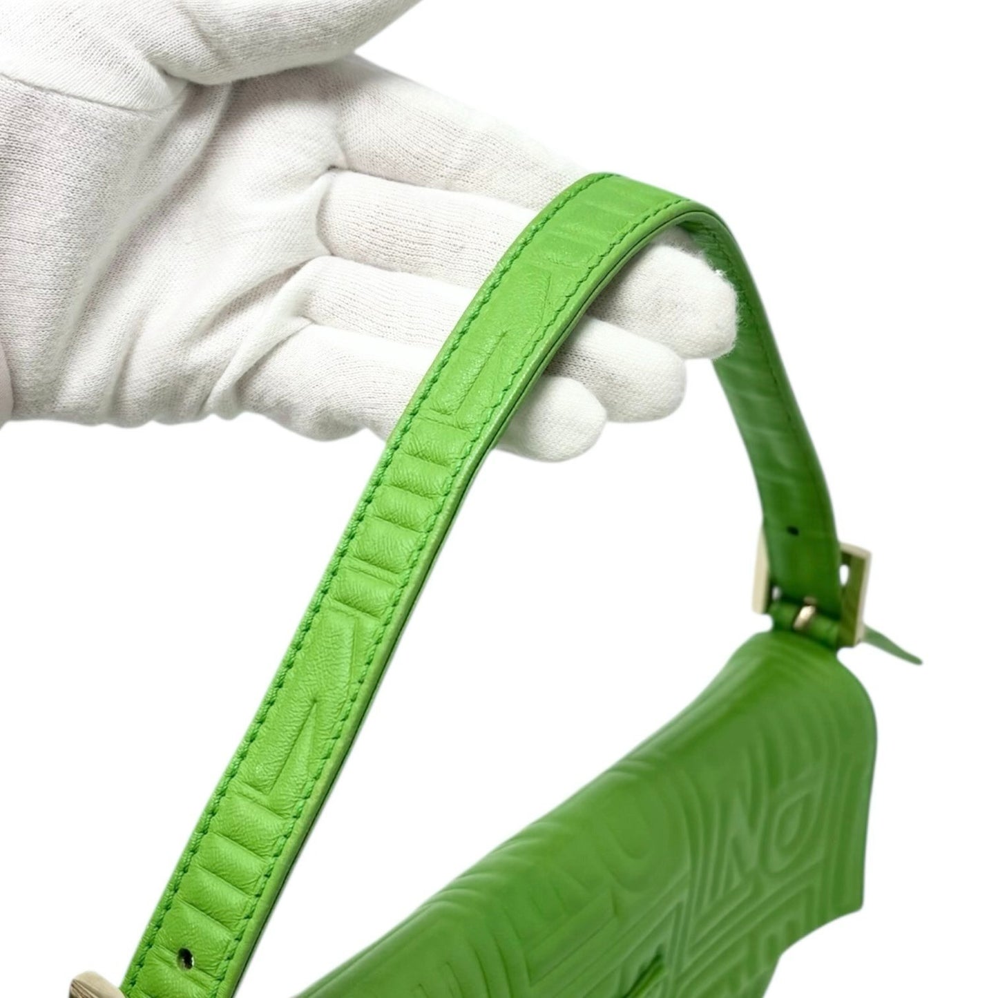FENDI Vintage FF Logo Embossed Mamma Baguette Shoulder Bag Green Leather Silver