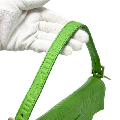FENDI Vintage FF Logo Embossed Mamma Baguette Shoulder Bag Green Leather Silver