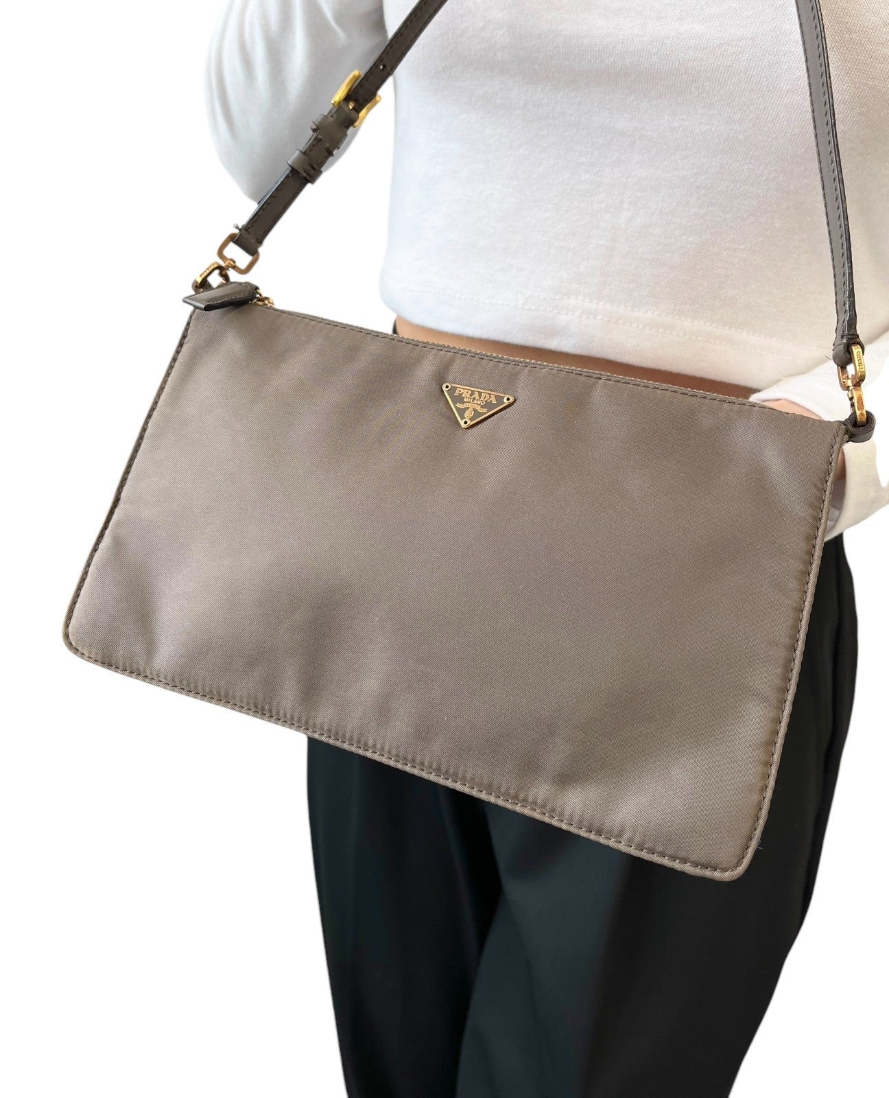 PRADA Vintage Logo Mini Shoulder Bag Pochette Pouch Taupe Gold Nylon 902436
