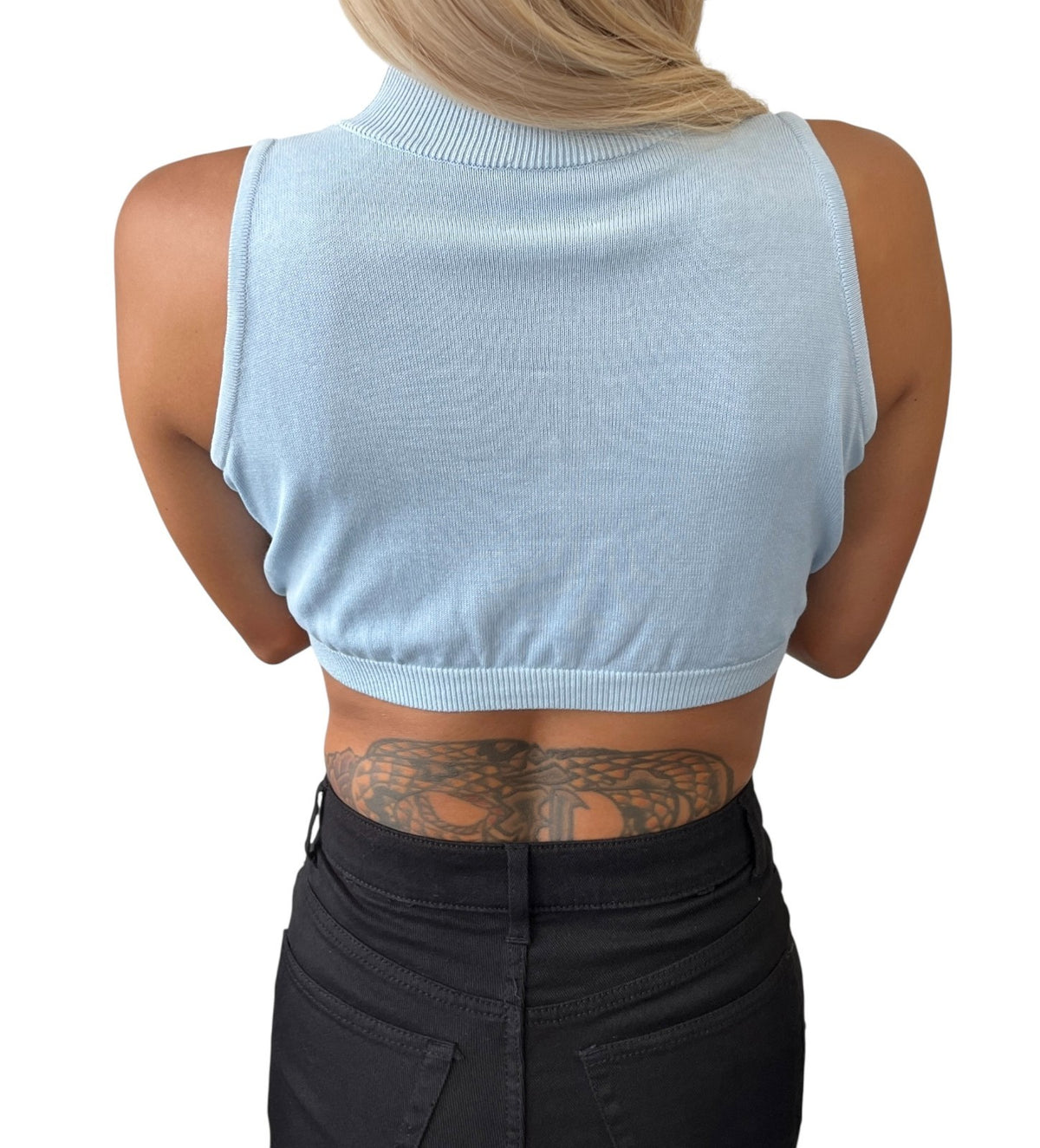 CHANEL Sport Vintage 03A CC Mock Neck Cropped Knit Tank Top #38 Blue 902897