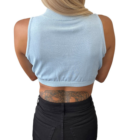 CHANEL Sport Vintage 03A CC Mock Neck Cropped Knit Tank Top #38 Blue 902897