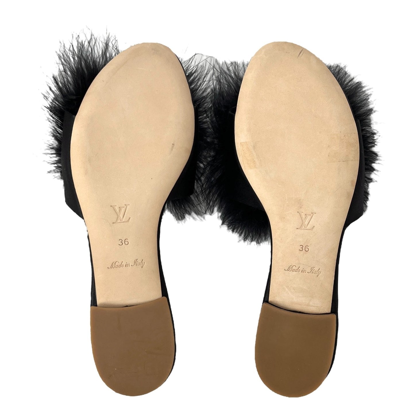 LOUIS VUITTON LV Bijou Logo Fur Flat Sandals #36 Rhinestone Black Gold Satin