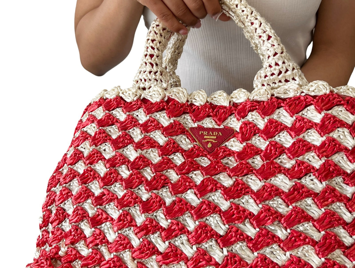 PRADA Vintage Triangle Logo Raffia Canapa Tote Bag Red White Crochet 902048