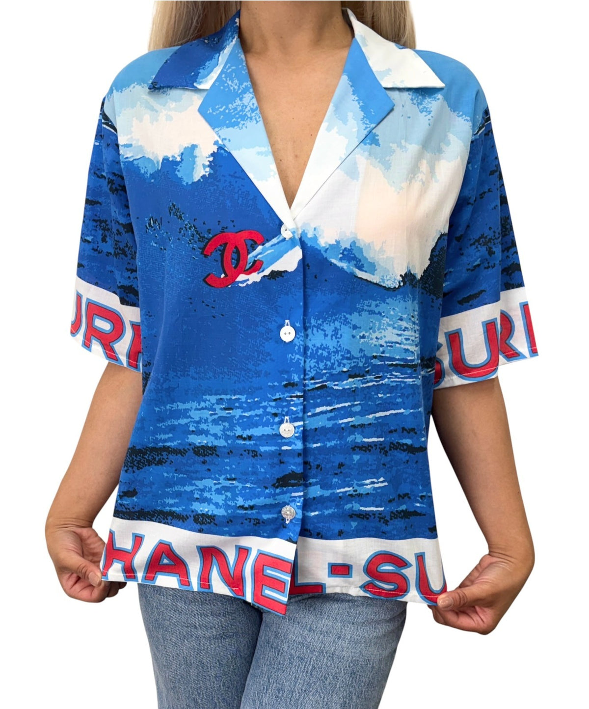 CHANEL Surf Vintage 02S CC Logo Aloha Shirt Top #36 Blue White Cotton 902834