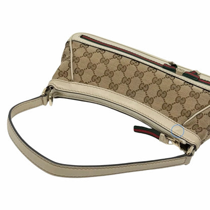 GUCCI Vintage GG Monogram Web Stripe Canvas Shoulder Bag Beige Ribbon 902487