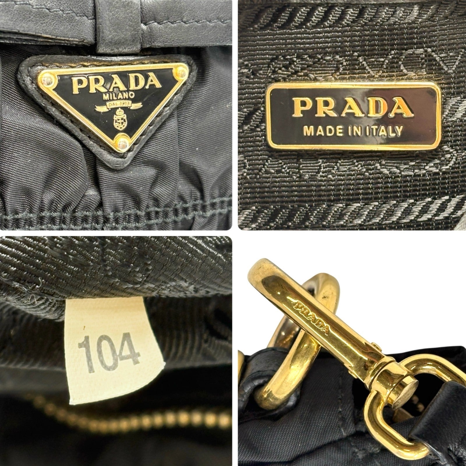PRADA Vintage Logo Black Gathered Nylon Shoulder Mini Bag Gold Ribbon Leather