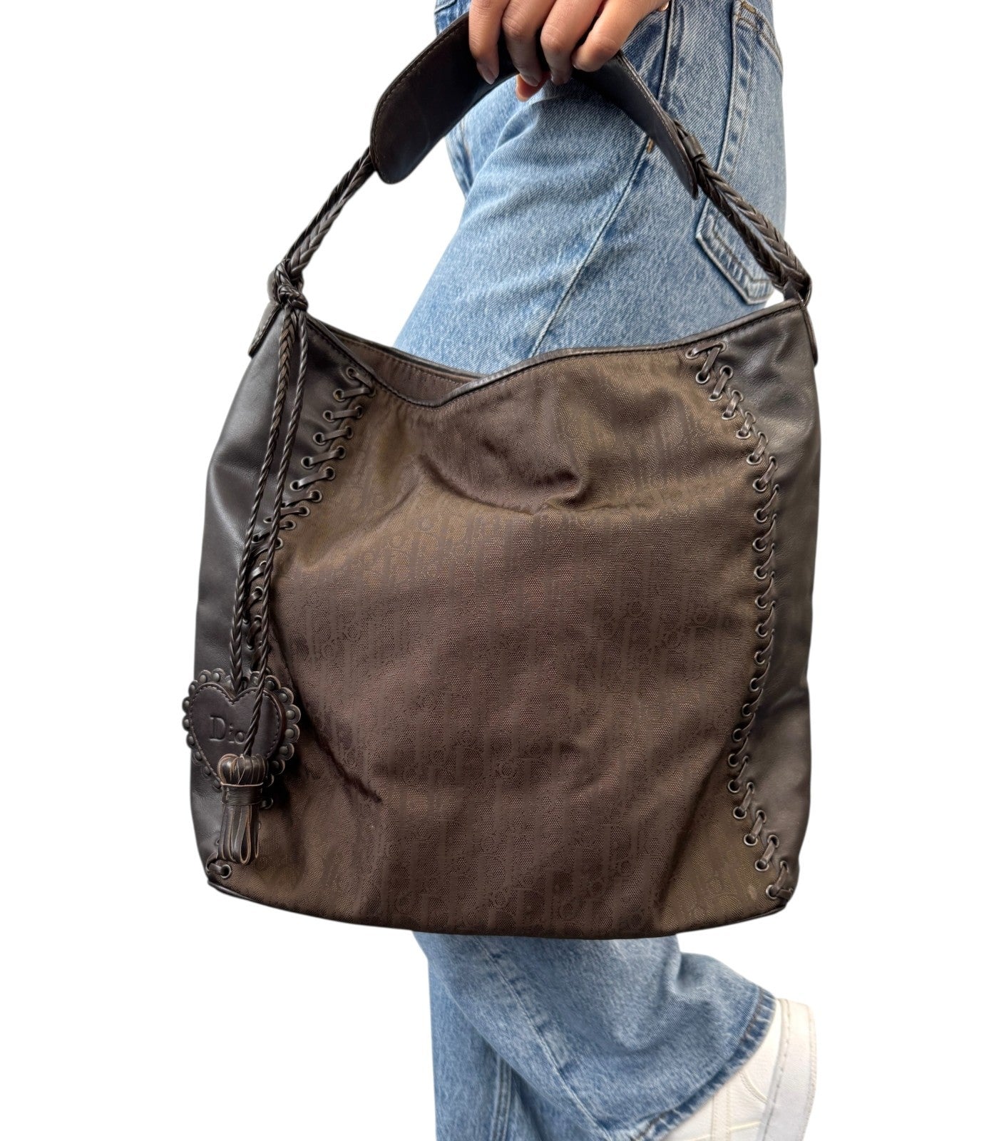 Christian Dior Vintage 2007 Logo Trotter Monogram Tote Bag Heart Brown Leather