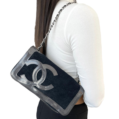 CHANEL Sport Vintage CC Logo Terry Cloth Shoulder Bag Pochette Black Silver