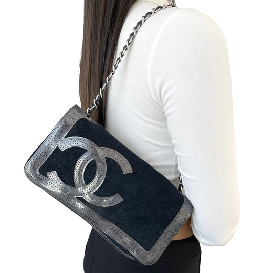 CHANEL Sport Vintage CC Logo Terry Cloth Shoulder Bag Pochette Black Silver