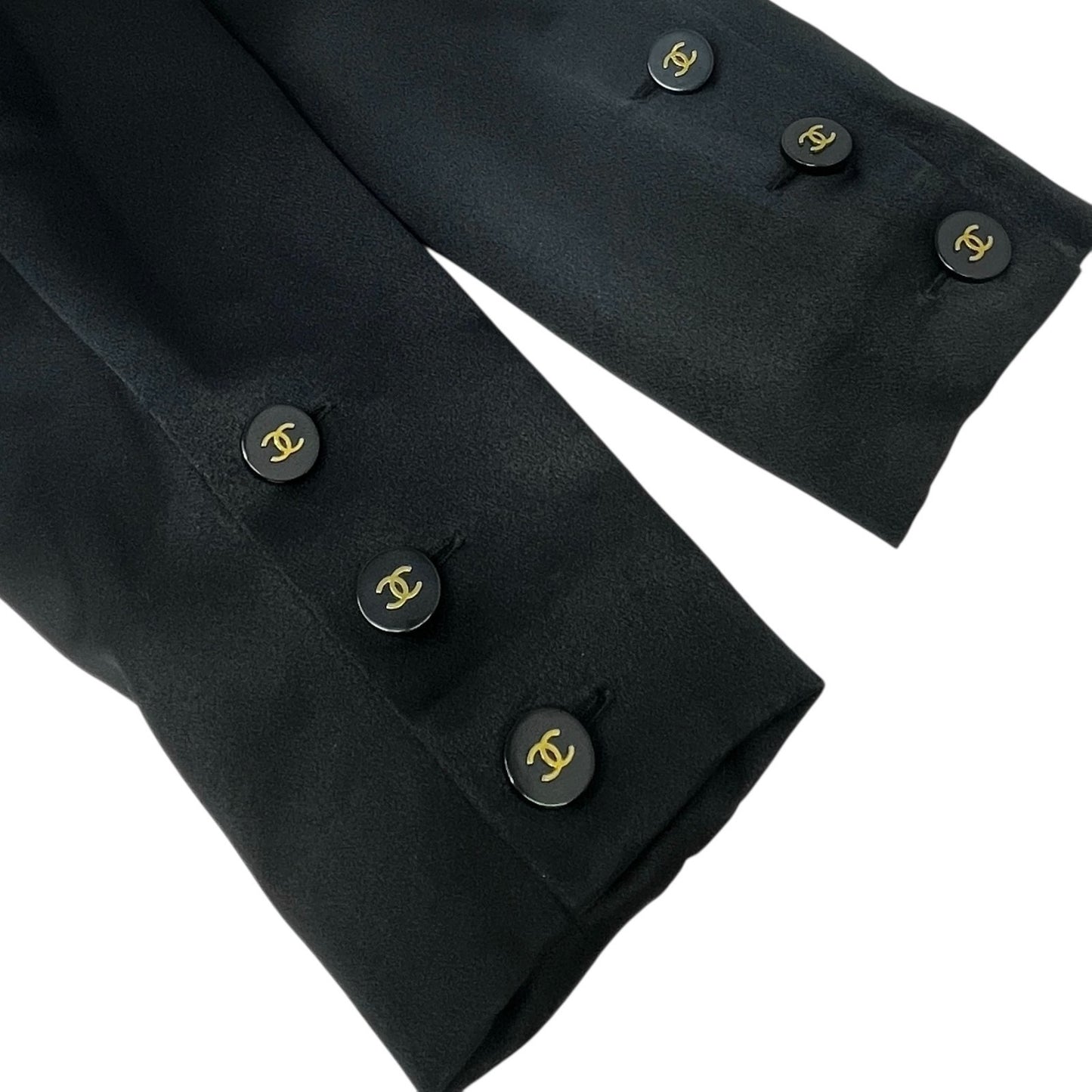 CHANEL Vintage 94A CC Logo Silk Shirt Top #38 Blouse Button V-neck Black Gold