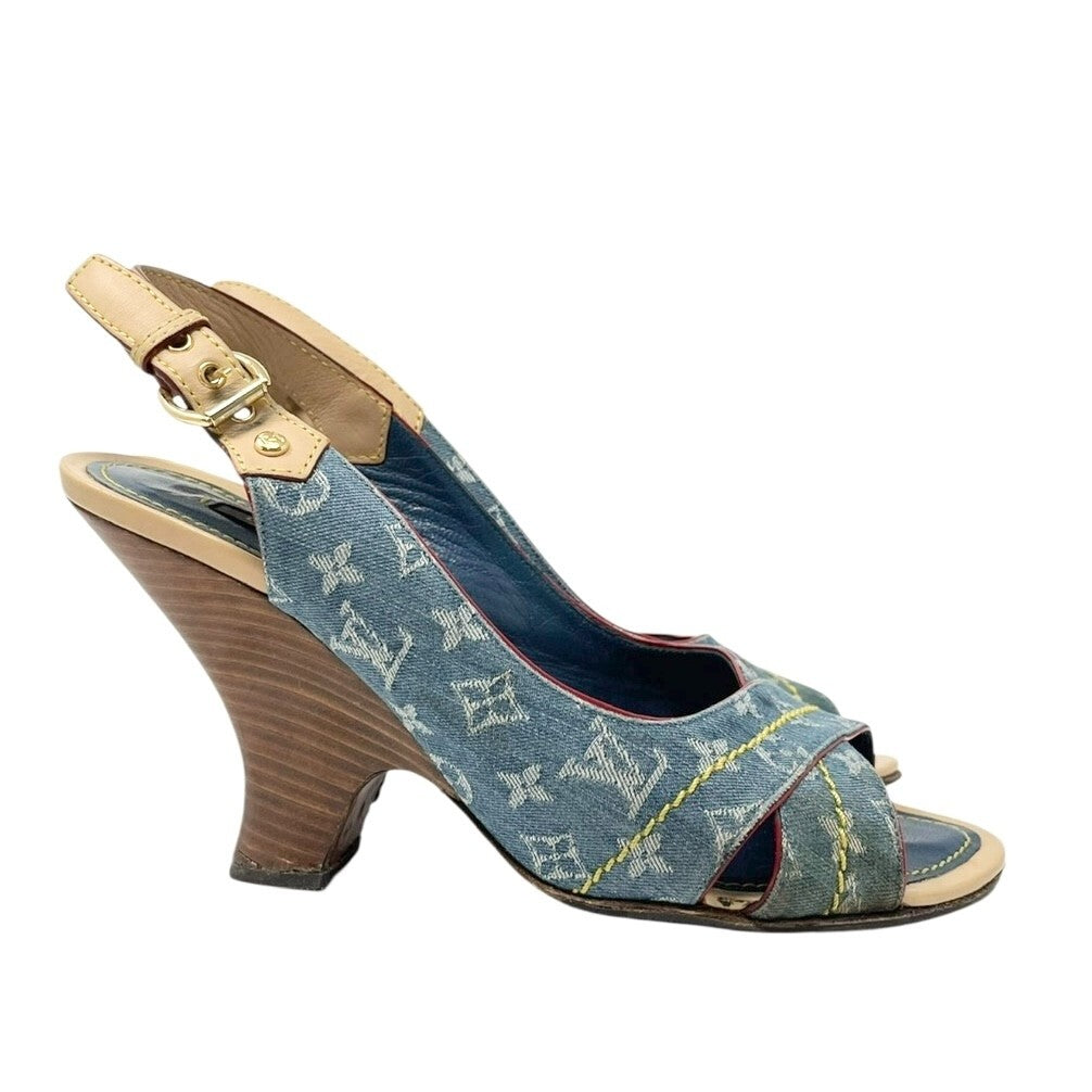 LOUIS VUITTON Vintage LV Logo Monogram Sandals #36.5-37 Blue Beige Denim Belt