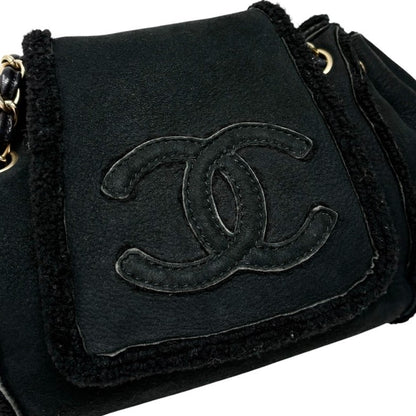 CHANEL Vintage CC Logo Mouton Chain Shoulder Bag Black Gold Suede 902831