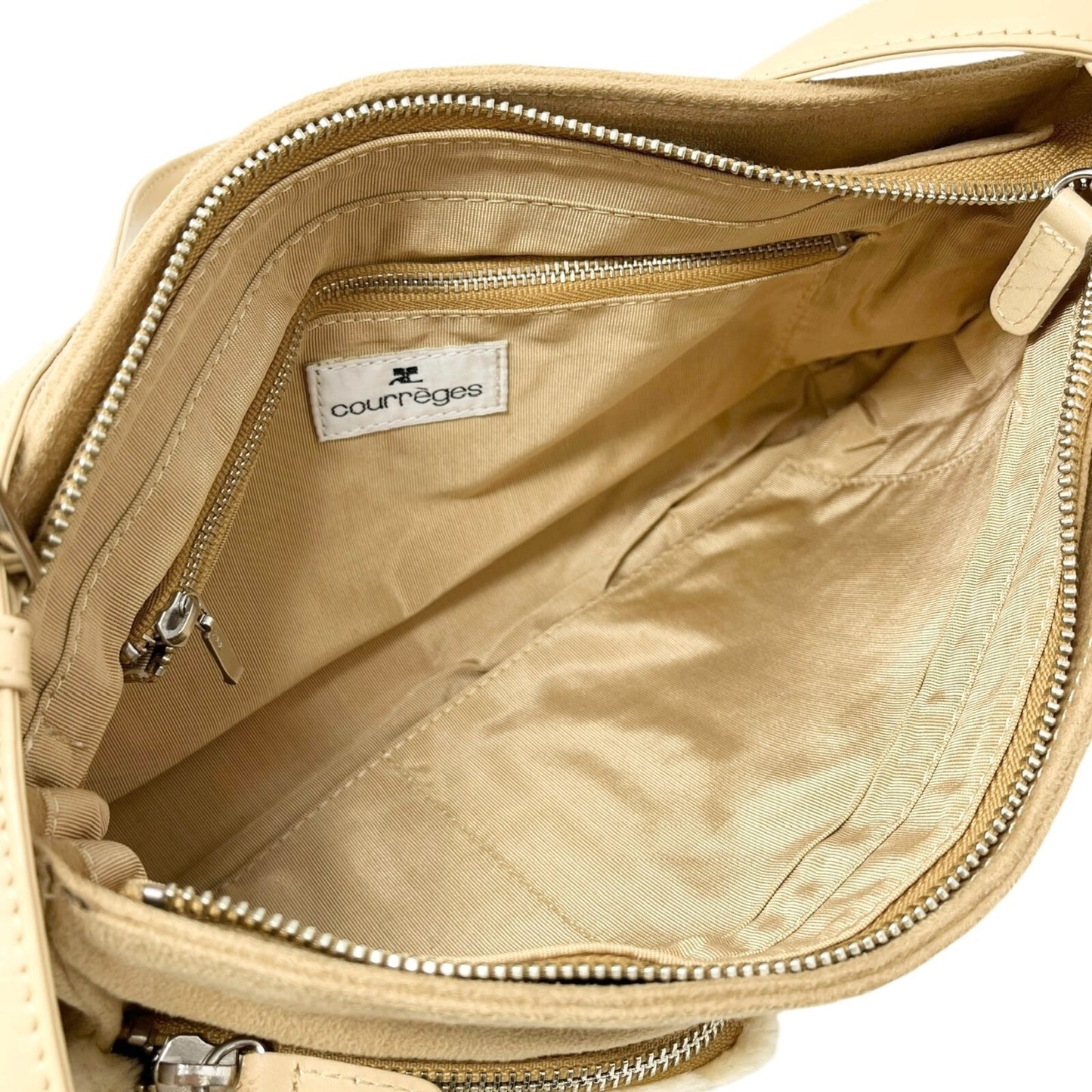 Courreges Vintage Logo Suede Shoulder Bag Boa Pocket Zip Beige Silver Rank AB