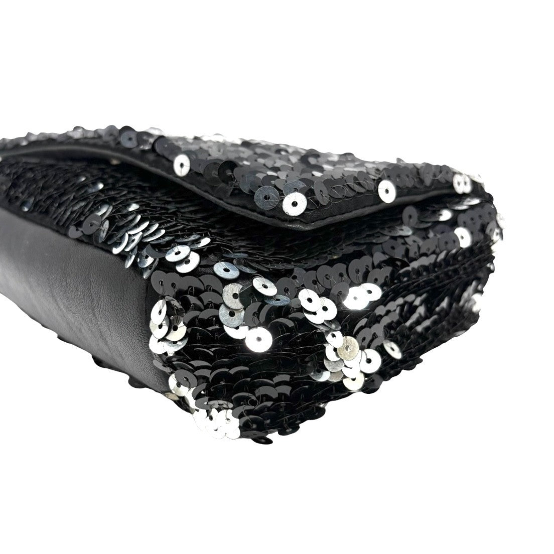 CHANEL Vintage CC Logo Sequins Chain Shoulder Bag Black Silver Leather 902259
