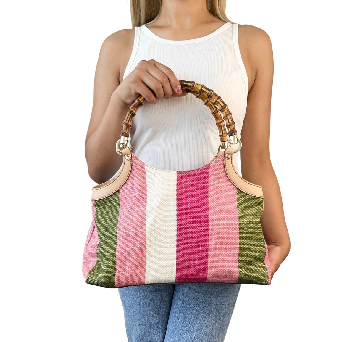 GUCCI Vintage Bamboo Stripe Hobo Shoulder Bag Handbag Multicolor Canvas 902335