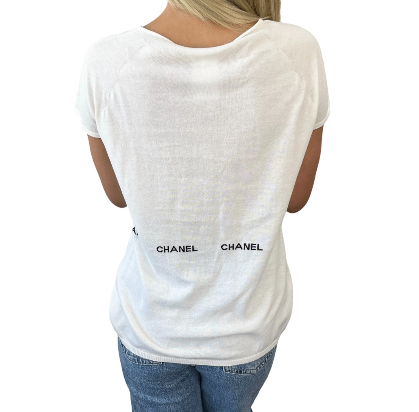 CHANEL Vintage 04P CC T-Shirt Top #38 Short Sleeve White Black Cotton 902579