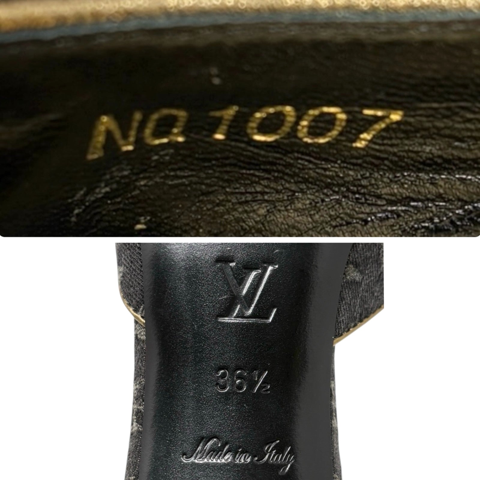 LOUIS VUITTON Vintage Monogram Denim Heels Sandals #36.5 Black Gold Corsage