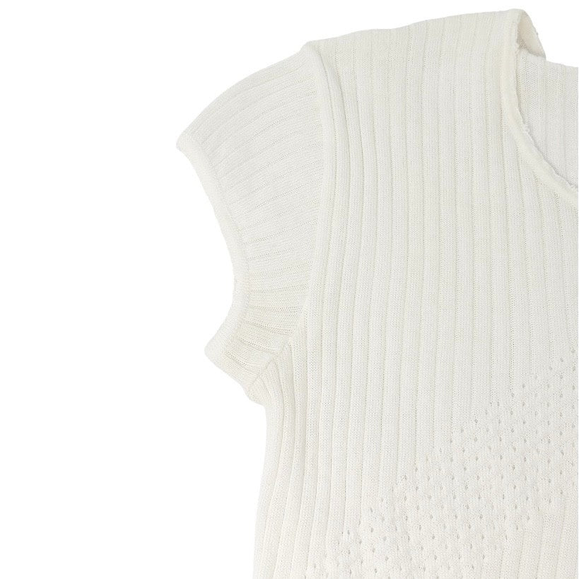 CHANEL Vintage 04P CC Mark Logo Knit T-shirt Top Rib Short Sleeve White Cotton
