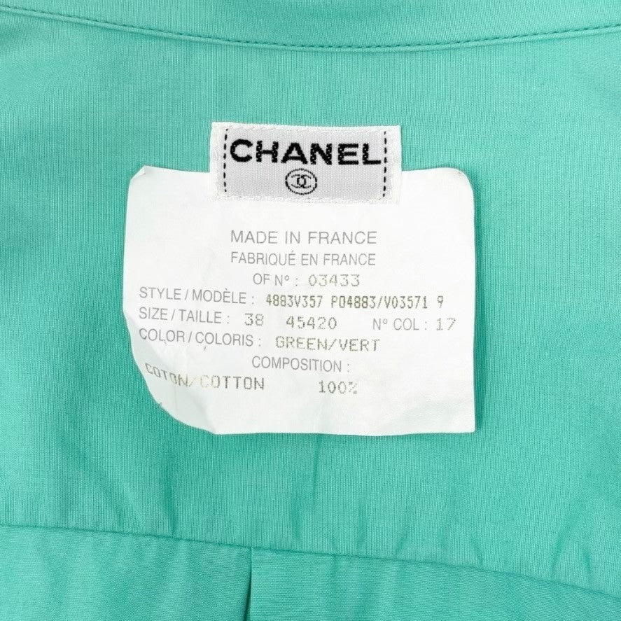 CHANEL Vintage PO4883 CC Logo Shirt Top #38 Button Light Green Gold 902593