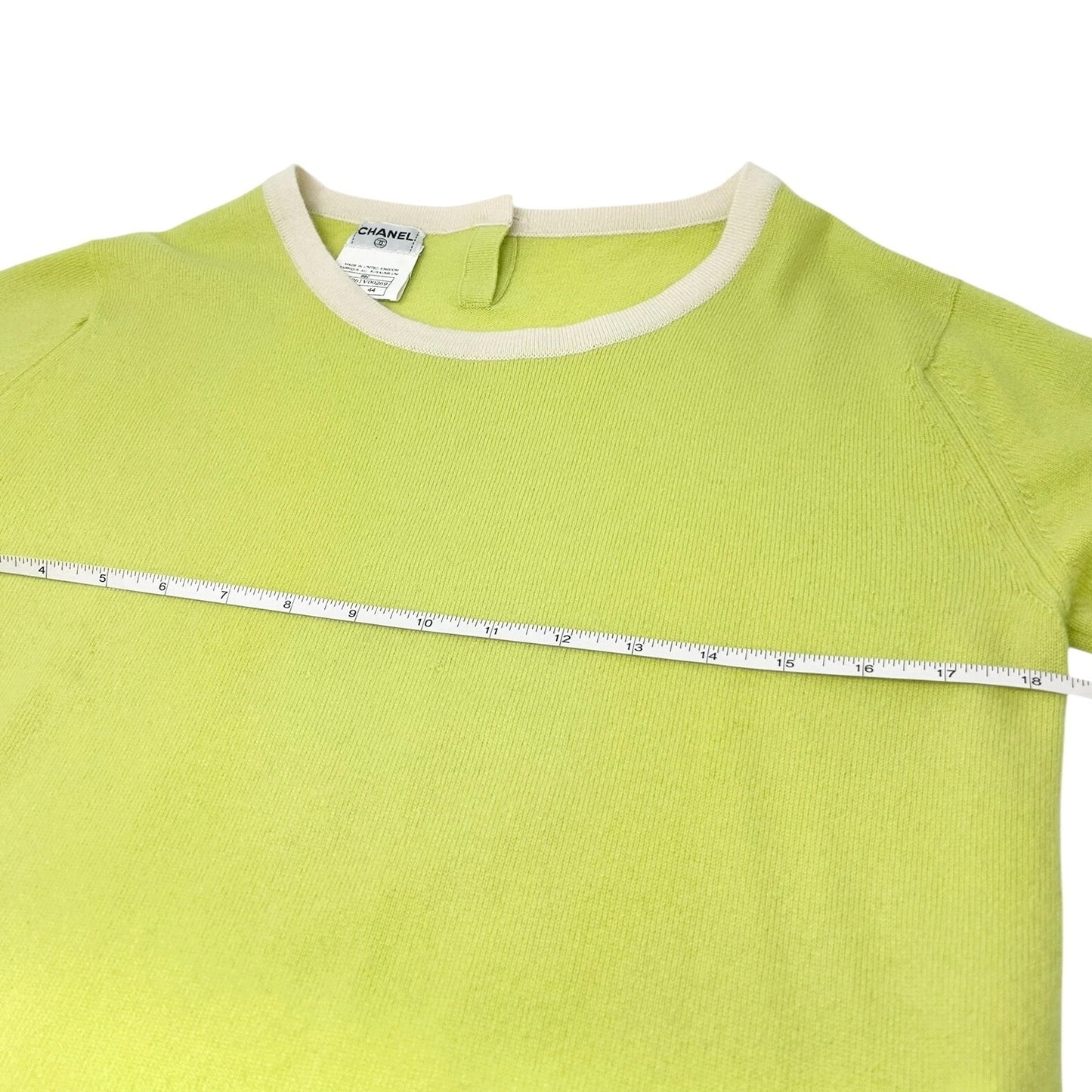 CHANEL Vintage 96C Coco Mark Logo Knit Top #44 Green Gold Cashmere Button