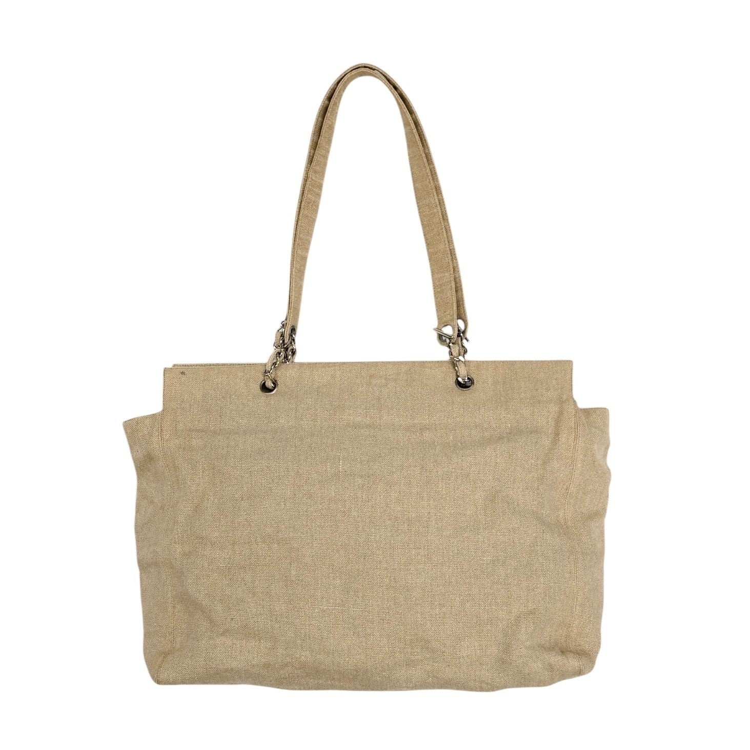 CHANEL Vintage CC Big Logo Shoulder Tote Large Bag Beige Canvas Linen Leather