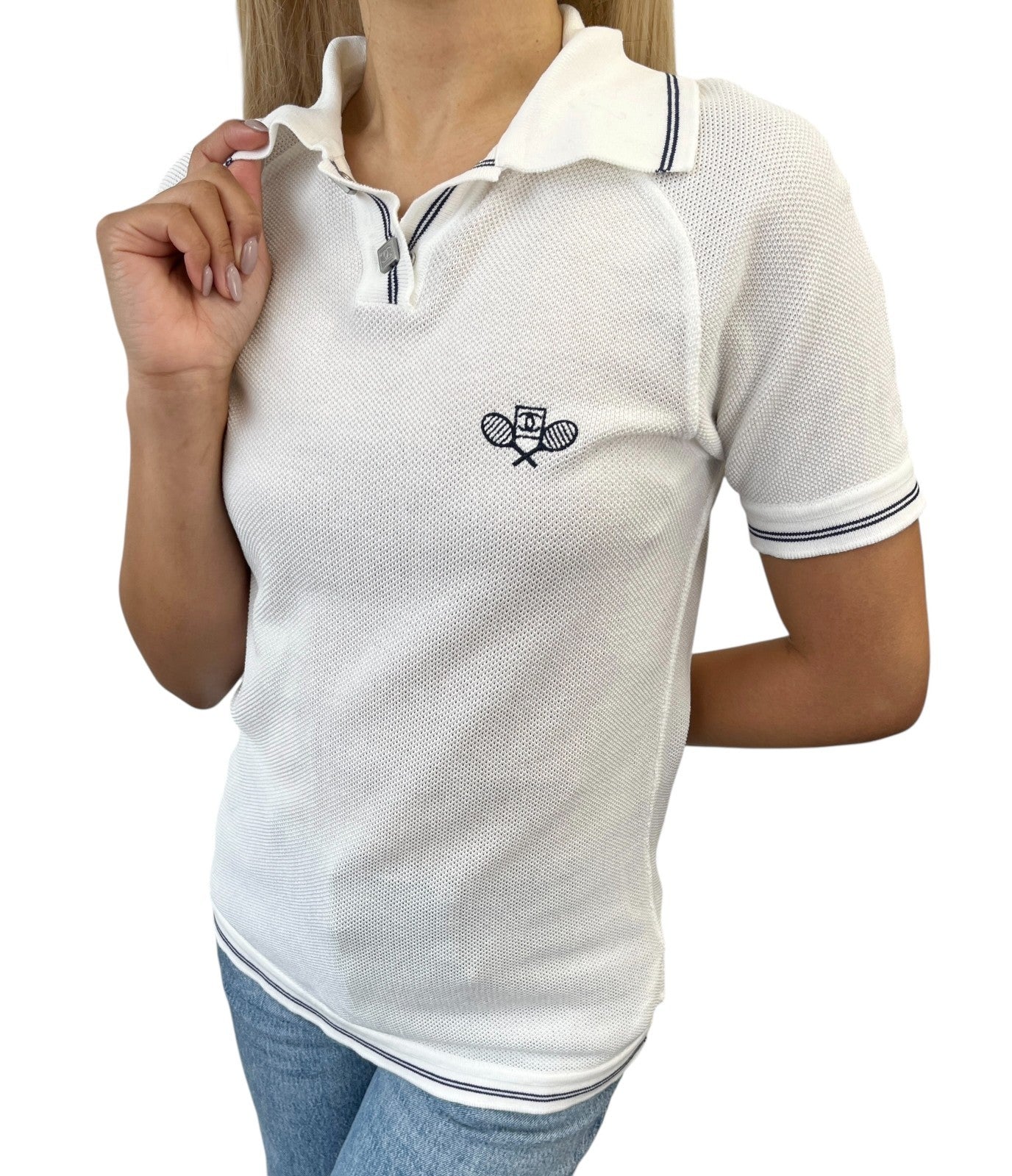 CHANEL Sport Vintage 05P CC Tennis Racket Polo T-shirt Top #42 White Cotton