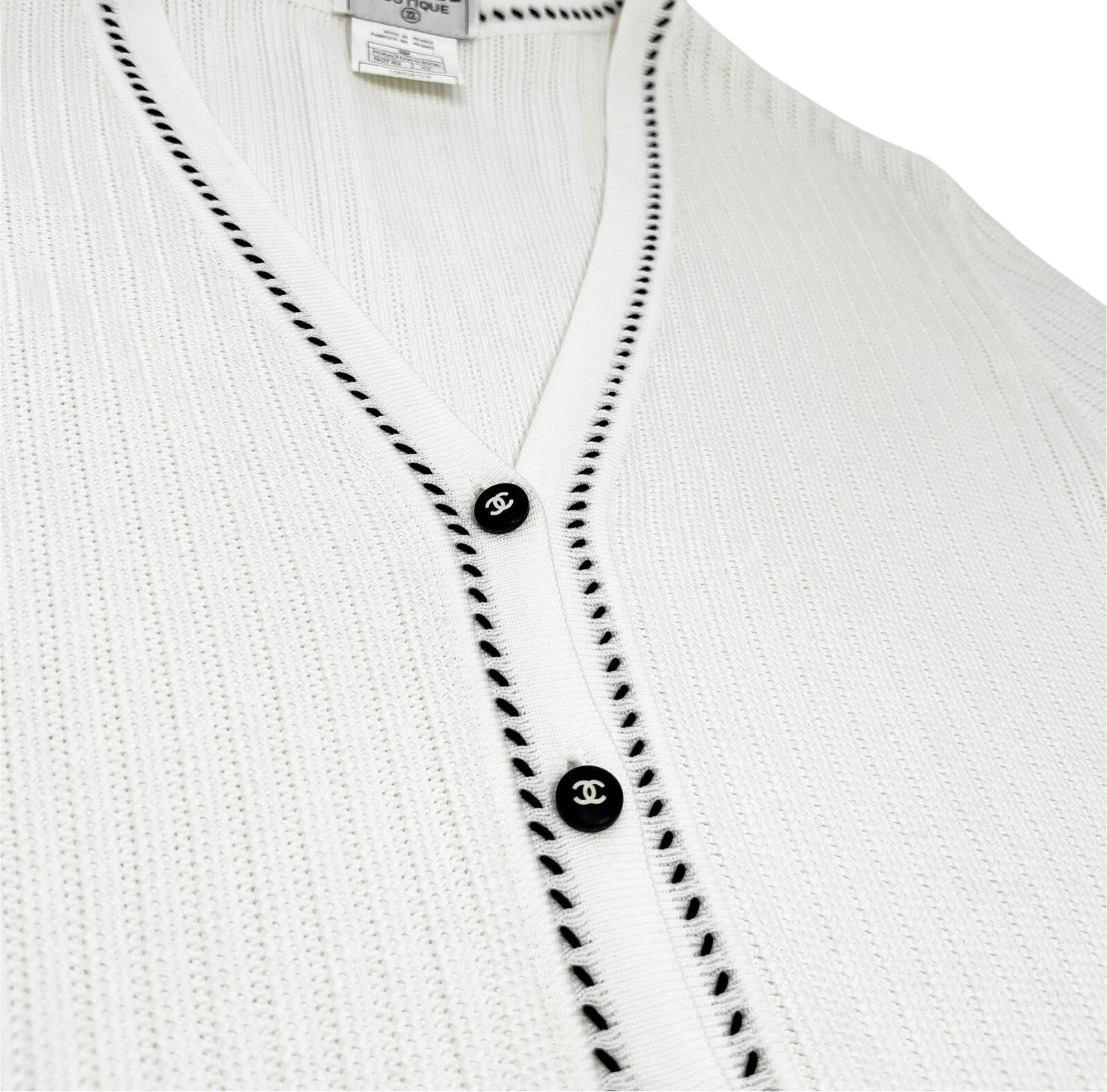 CHANEL Vintage 96P CC Logo Cardigan Sweater Top #42 Button White Black Cotton