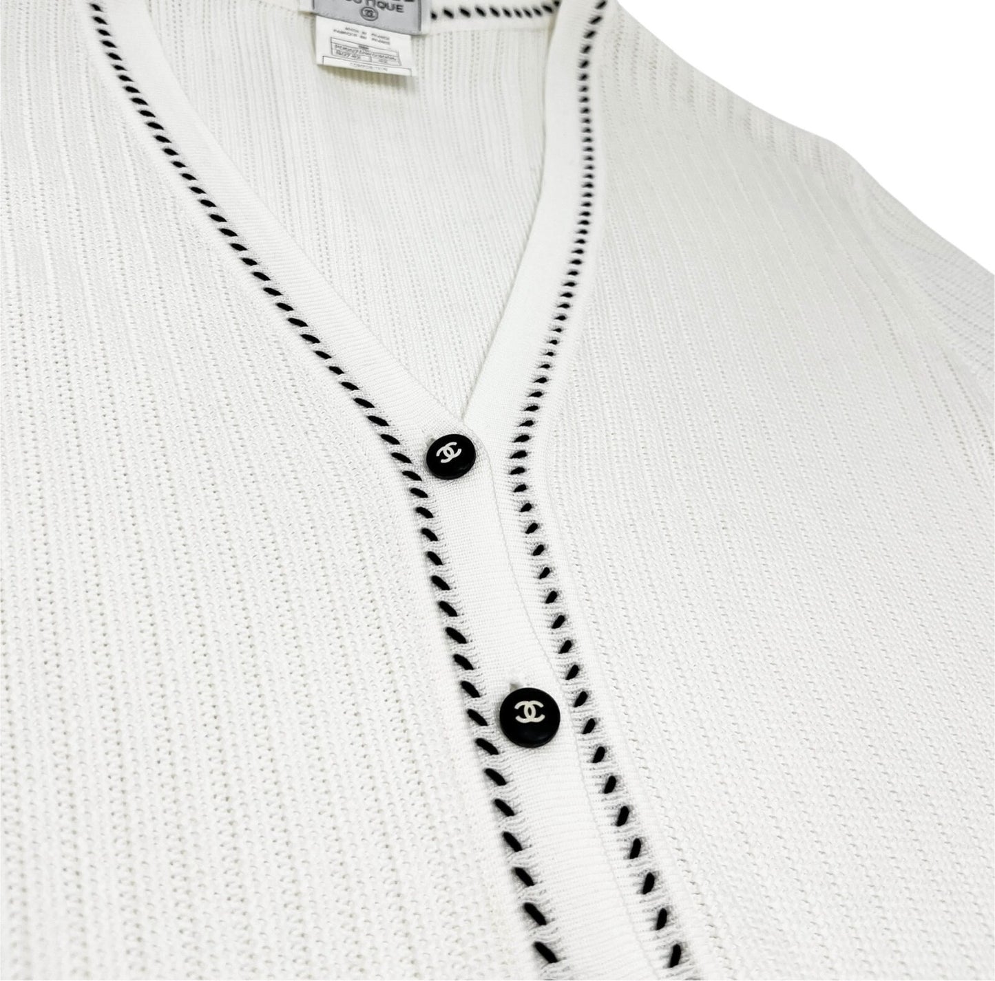 CHANEL Vintage 96P CC Logo Cardigan Sweater Top #42 Button White Black Cotton