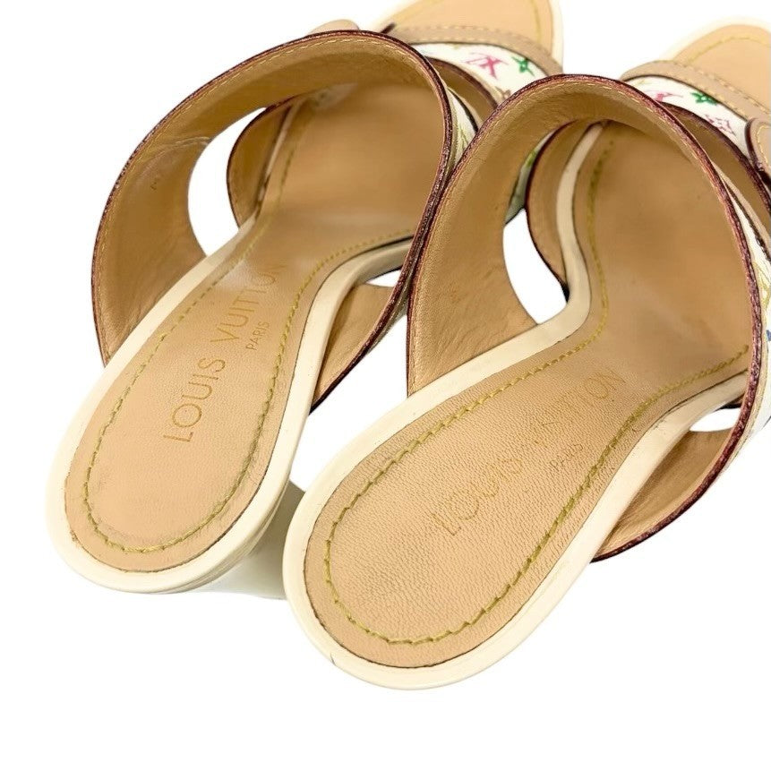 LOUIS VUITTON Vintage Monogram Multicolor Flower Sandals Heels #37 White 902030