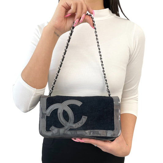 CHANEL Sport Vintage CC Logo Terry Cloth Shoulder Bag Pochette Black Silver